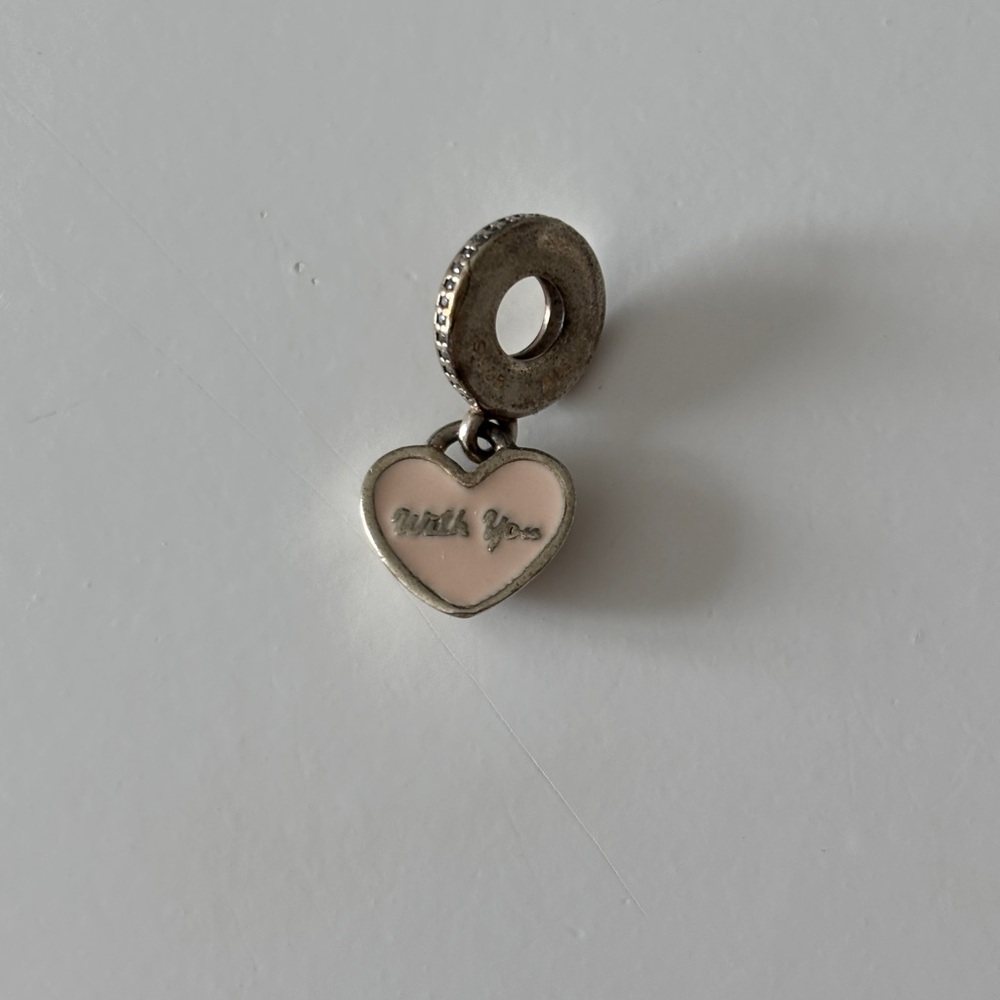 Pandora Silver Heart Charm with Pale Pink Enamel and 'With You' Engraving